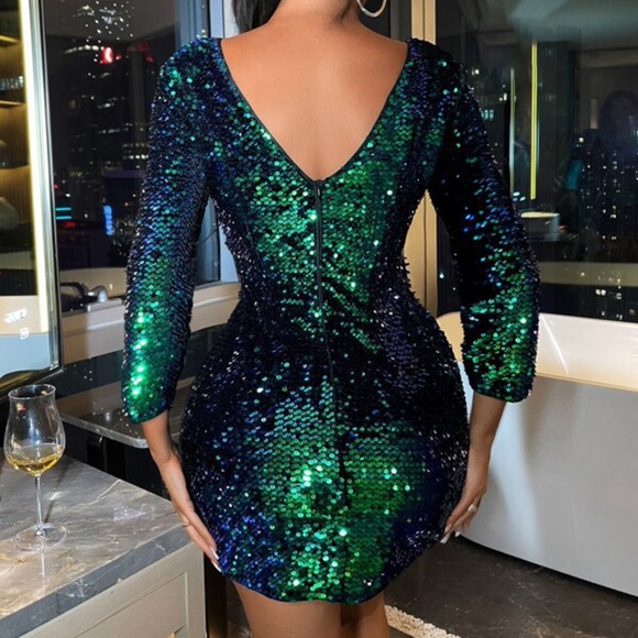 Green Blue Sequins Bodycon Zipper party holiday Sexy dress - Picture 4 of 5